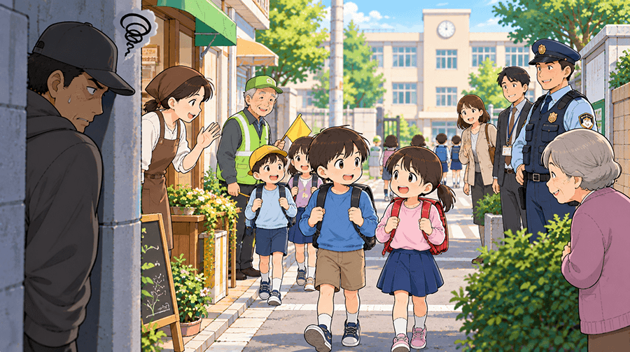 地域全体で声かけの被害から子どもを守っている光景