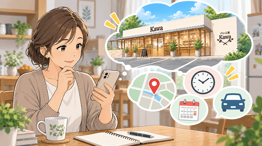 パン工房 KAWA 岸和田和泉店の住所・営業時間・アクセスなどを調べる女性