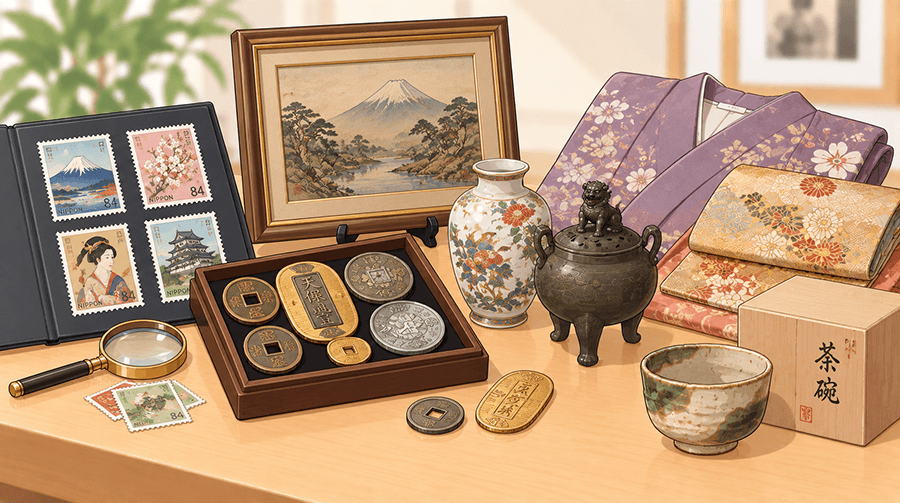 かいとりやで買取査定を受ける切手・古銭・美術品・着物