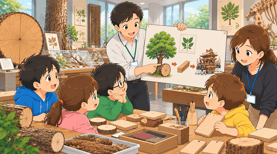 てこぽこさんとはくぶつかんのワークショップ「みがいてつくろう クスノキとケヤキ」のイメージ