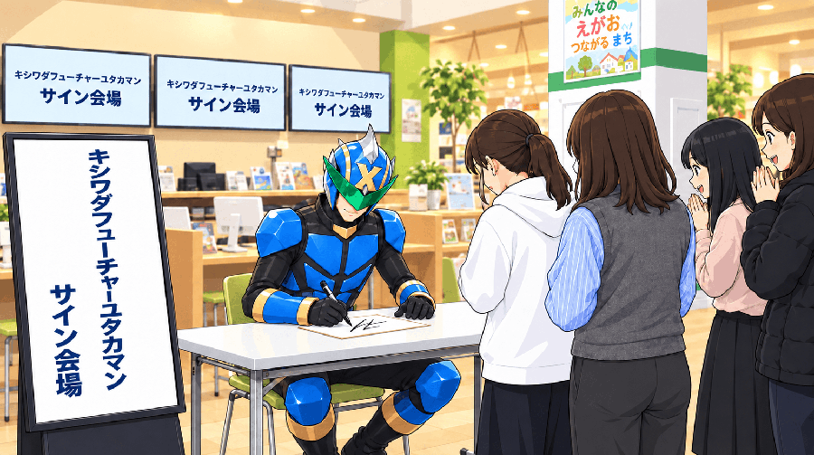 ヒーローサイン会を開く「キシワダフューチャーユタカマン」